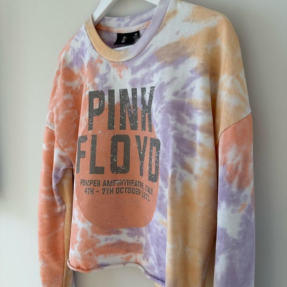 Pink Floyd Graphic Sweatshirt Pink Orange Tie Dye Cropped Crew Neck Pullover - Picture 3 of 7